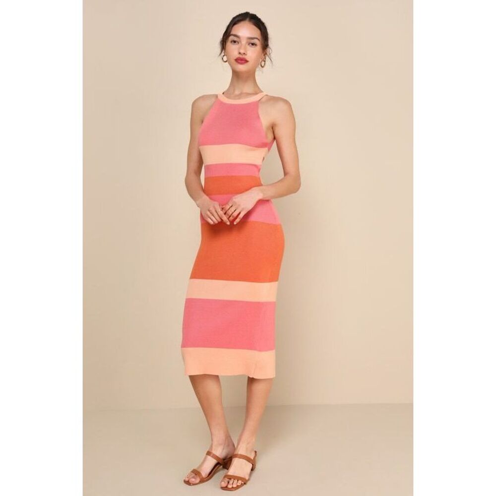 Lulus Chic Obsession Orange Striped Tie-back Sleeveless Sweater Dress - Size S